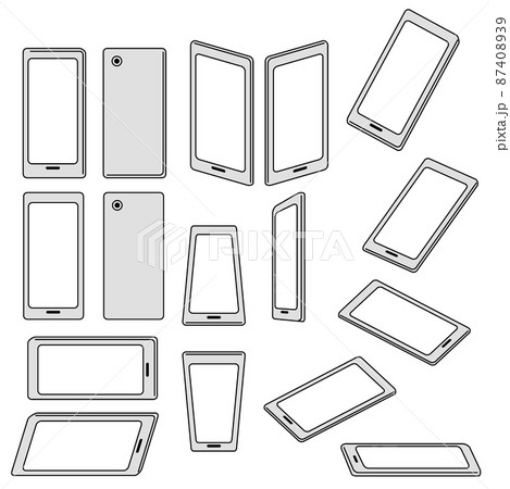イラスト素材:携帯電話、スマートフォン、モバイルの色々な角度のセット/主線ありのグレー 87408939