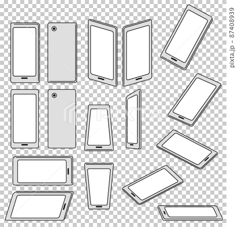 イラスト素材:携帯電話、スマートフォン、モバイルの色々な角度のセット/主線ありのグレー 87408939