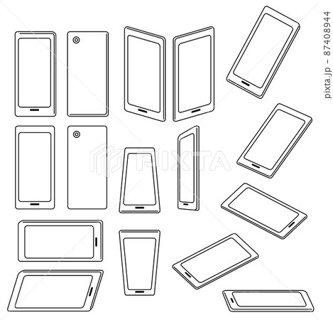 イラスト素材:携帯電話、スマートフォン、モバイルの色々な角度のセット/主線ありの白黒 87408944