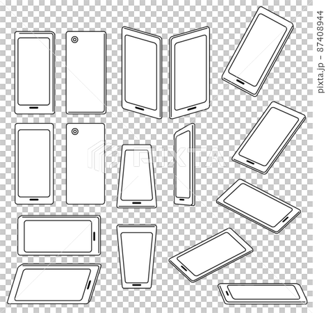 イラスト素材:携帯電話、スマートフォン、モバイルの色々な角度のセット/主線ありの白黒 87408944