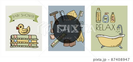 Bath doodle vector illustration. Hand draw banners of home bathroom hygiene accessories. Sketch icons for hotels, plumbing and cosmetics stores 87408947
