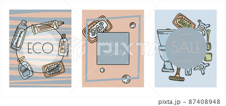 Bath doodle vector illustration. Hand draw banners of home bathroom hygiene accessories. Sketch icons for hotels, plumbing and cosmetics stores 87408948