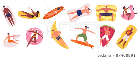 People swimming in pool with rubber circles, summertime water activities. Cartoon characters floating on inflatable mattresses or rubber pool toys vector illustration set People swimming in pool with rubber circles, summertime water activities. Cartoon characters floating on inflatable mattresses or rubber pool toys vector illustration set 87408991