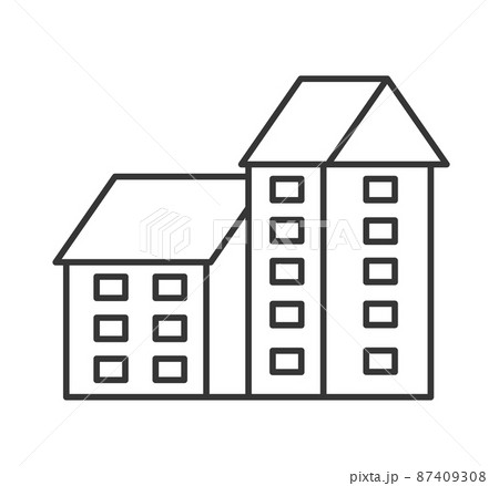 Linear urban buildings and illustrations of houses and architectural signs 87409308