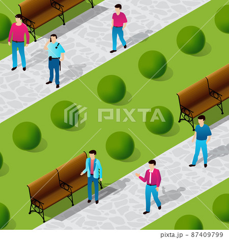 City park with trees and people walking vacationers lifestyle scene 87409799