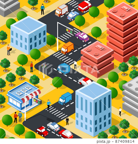 Lifestyle illustration of the city block with people 87409814