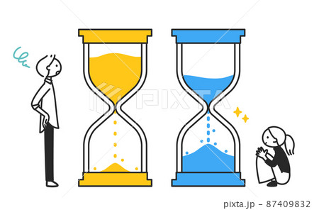 砂時計を見て悩む男性と喜ぶ女性 ちまっとした人物 砂時計を見て悩む男性と喜ぶ女性 ちまっとした人物 87409832
