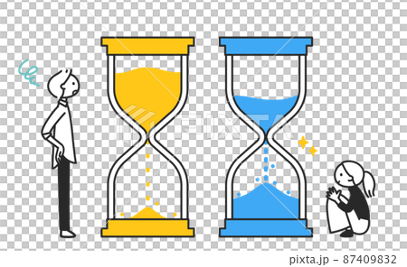 砂時計を見て悩む男性と喜ぶ女性 ちまっとした人物 砂時計を見て悩む男性と喜ぶ女性 ちまっとした人物 87409832