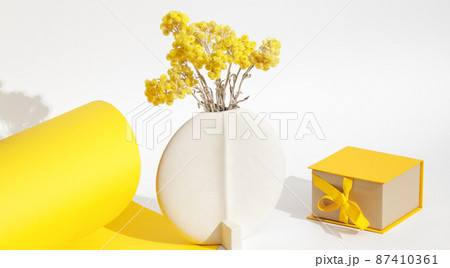 Everlasting immortelle yellow flowers in minimalistic ceramic white vase and yellow gift box with ribbon bow over yellow and white background. Greeting for International Womens Day on March 8 87410361