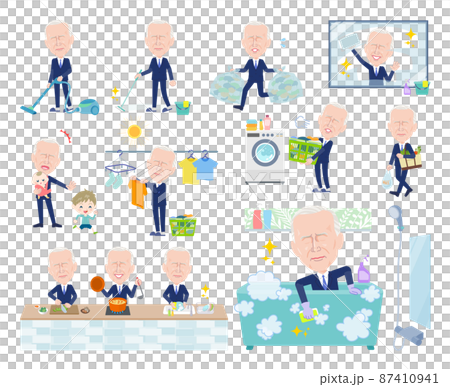 A set of middle-aged men related to household chores such as cleaning and washing 87410941