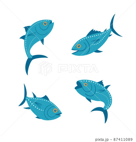 A set of different tuna swimming in different directions 87411089