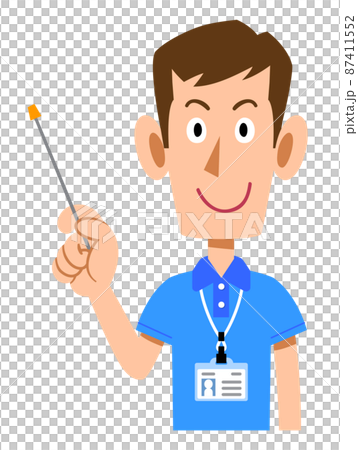 半袖のポロシャツ姿でネームタグを身に着けた男性スタッフの指し棒を持つ仕草 87411552