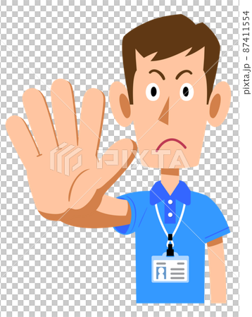 Resting pose of a male staff wearing a name tag in a short-sleeved polo shirt 87411554