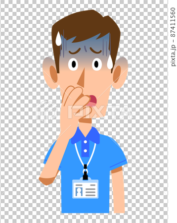 一名穿著短袖polo衫和名牌的男性工作人員蒼白的表情 一名穿著短袖polo衫和名牌的男性工作人員蒼白的表情 87411560