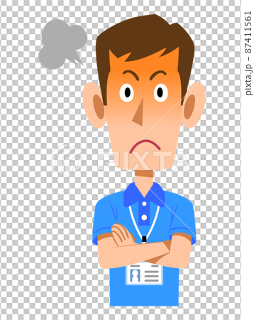 An angry expression of a male staff wearing a name tag in a short-sleeved polo shirt An angry expression of a male staff wearing a name tag in a short-sleeved polo shirt 87411561