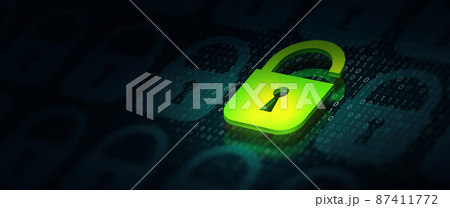Padlock virus with threat of hacker on Binary background. Online data security system and network cyber security technology. Cybersecurity, managed services, identity, information privacy Concept. 87411772