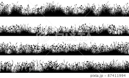 Horizontal banners with silhouettes of meadow with uneven ground and many flowers. 87411994