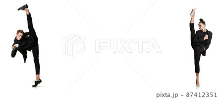 Flyer with two stylish office workers in business suits in action isolated on white background. Art, beauty, fashion and business concept. Flyer with two stylish office workers in business suits in action isolated on white background. Art, beauty, fashion and business concept. 87412351