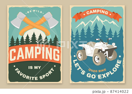 Set of camping retro posters. Vector illustration. Concept for shirt or logo, print, stamp, patch or tee. Vintage typography design with camping tent, quad bike, forest and mountain silhouette. Set of camping retro posters. Vector illustration. Concept for shirt or logo, print, stamp, patch or tee. Vintage typography design with camping tent, quad bike, forest and mountain silhouette. 87414022