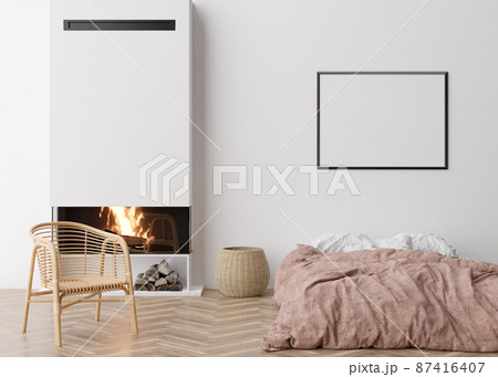 Blank horizontal picture frame on white wall in bedroom. Mock up poster frame in modern interior. Free space, copy space for your design. Bed, rattan armchair, fireplace. 3D render, 3D illustration. Blank horizontal picture frame on white wall in bedroom. Mock up poster frame in modern interior. Free space, copy space for your design. Bed, rattan armchair, fireplace. 3D render, 3D illustration. 87416407