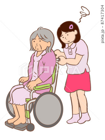 ヤングケアラー 重度認知症の祖母の車いすを押す小学生の女の子のイラスト ヤングケアラー 重度認知症の祖母の車いすを押す小学生の女の子のイラスト 87417304