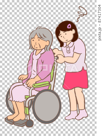 ヤングケアラー 重度認知症の祖母の車いすを押す小学生の女の子のイラスト ヤングケアラー 重度認知症の祖母の車いすを押す小学生の女の子のイラスト 87417304