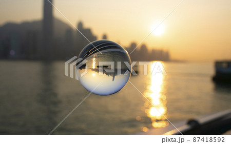 skyline in victoria harbour, inside the crystal ball in Hong Kong 87418592