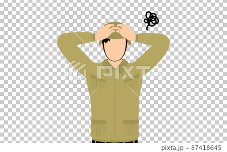 Male soldier poses, holding his head and worried 87418645