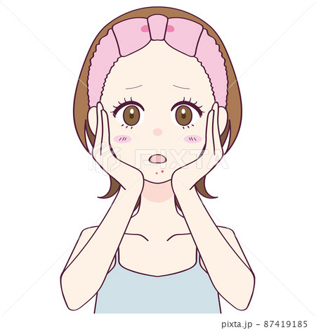顎にニキビができて悩む女性のイラストのイラスト素材
