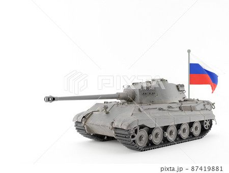 Tank with Russian flag on white background. Russian aggression against Ukraine. Russian Ukrainian conflict. Save Ukraine. Stop war, military attack, occupation. Free, copy space for text. 3D rendering 87419881