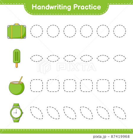 Handwriting practice. Tracing lines of Luggage, Ice Cream, Coconut, and Watches. Educational children game, printable worksheet, vector illustration Handwriting practice. Tracing lines of Luggage, Ice Cream, Coconut, and Watches. Educational children game, printable worksheet, vector illustration 87419968