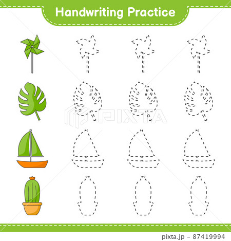 Handwriting practice. Tracing lines of Pinwheels, Cactus, Monstera, and Sailboat. Educational children game, printable worksheet, vector illustration 87419994