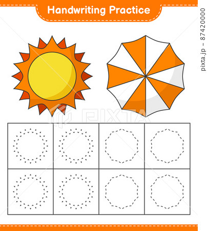 Handwriting practice. Tracing lines of Sun and Umbrella. Educational children game, printable worksheet, vector illustration Handwriting practice. Tracing lines of Sun and Umbrella. Educational children game, printable worksheet, vector illustration 87420000