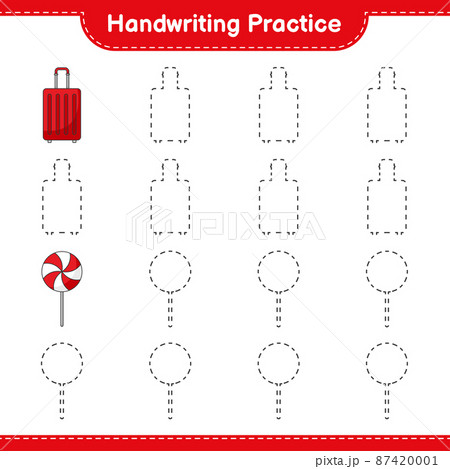 Handwriting practice. Tracing lines of Candy and Travel Bag. Educational children game, printable worksheet, vector illustration Handwriting practice. Tracing lines of Candy and Travel Bag. Educational children game, printable worksheet, vector illustration 87420001