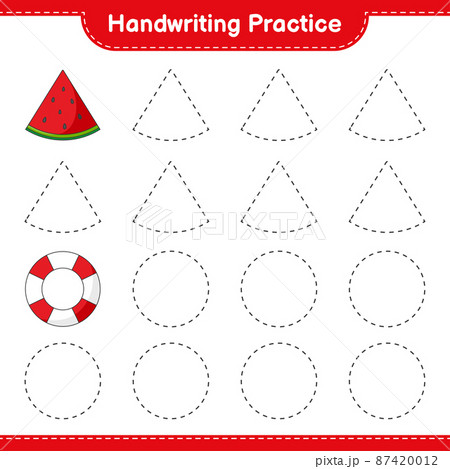 Handwriting practice. Tracing lines of Watermelon and Lifebuoy. Educational children game, printable worksheet, vector illustration 87420012