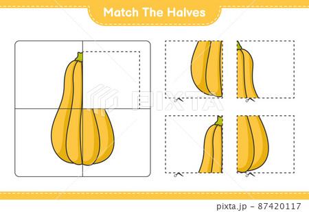 Match the halves. Match halves of Butternut Squash. Educational children game, printable worksheet, vector illustration 87420117