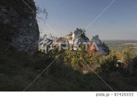 Limestone rocks in Podlesice, Silesian Voivodeship, Poland. Upland Krakow-Czestochowa. 87420355