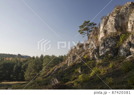 Limestone rocks in Podlesice, Silesian Voivodeship, Poland. Upland Krakow-Czestochowa. Limestone rocks in Podlesice, Silesian Voivodeship, Poland. Upland Krakow-Czestochowa. 87420381