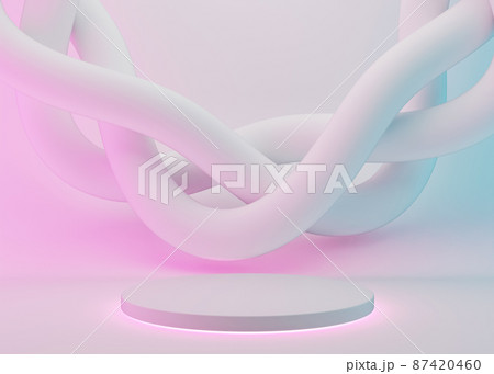 Podium with abstract splines on white background with neon lights. Modern podium for product, cosmetic presentation. Mock up. Pedestal or platform for beauty products. Empty scene. 3D rendering. Podium with abstract splines on white background with neon lights. Modern podium for product, cosmetic presentation. Mock up. Pedestal or platform for beauty products. Empty scene. 3D rendering. 87420460