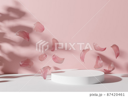 White podium with flying flowers petals on the pink background. 3D rendering. Elegant podium for product, cosmetic presentation. Mock up. Pedestal or platform for beauty products. White podium with flying flowers petals on the pink background. 3D rendering. Elegant podium for product, cosmetic presentation. Mock up. Pedestal or platform for beauty products. 87420461
