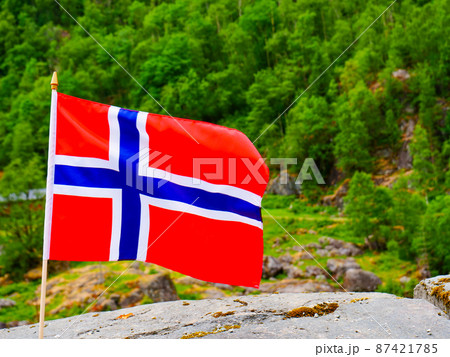 Norwegian flag on green nature Norwegian flag on green nature 87421785