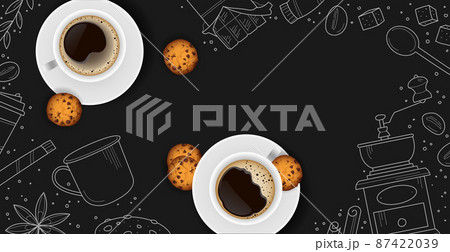 Coffee background with realistic cup of coffee - Vector 87422039