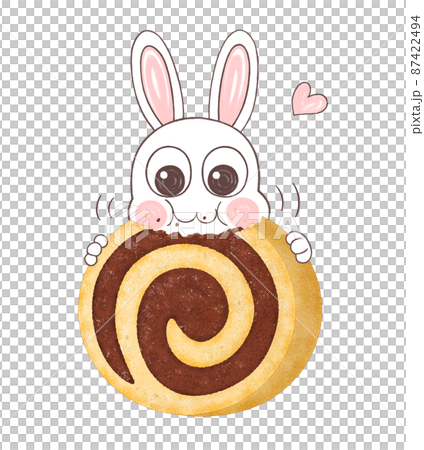 一隻兔子吃可可和普通漩渦餅乾的插圖 87422494