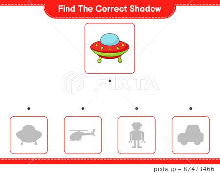 Find the correct shadow. Find and match the correct shadow of Ufo. Educational children game, printable worksheet, vector illustration Find the correct shadow. Find and match the correct shadow of Ufo. Educational children game, printable worksheet, vector illustration 87423466