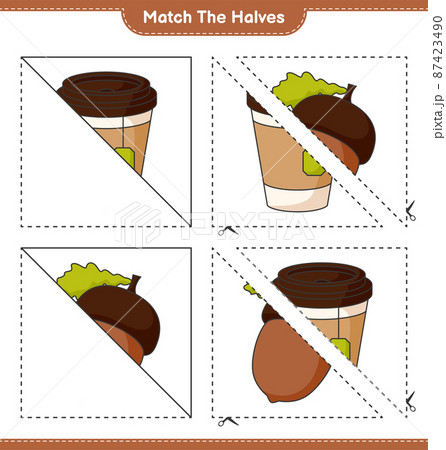 Match the halves. Match halves of Acorn and Tea Cup. Educational children game, printable worksheet, vector illustration Match the halves. Match halves of Acorn and Tea Cup. Educational children game, printable worksheet, vector illustration 87423490