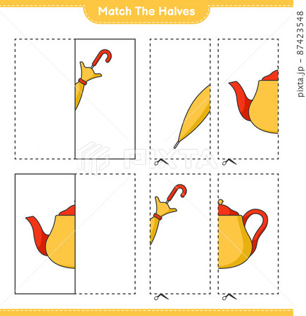 Match the halves. Match halves of Teapot and Umbrella. Educational children game, printable worksheet, vector illustration Match the halves. Match halves of Teapot and Umbrella. Educational children game, printable worksheet, vector illustration 87423548