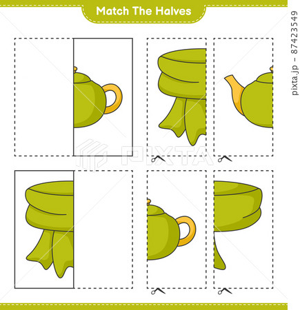 Match the halves. Match halves of Scarf and Teapot. Educational children game, printable worksheet, vector illustration Match the halves. Match halves of Scarf and Teapot. Educational children game, printable worksheet, vector illustration 87423549