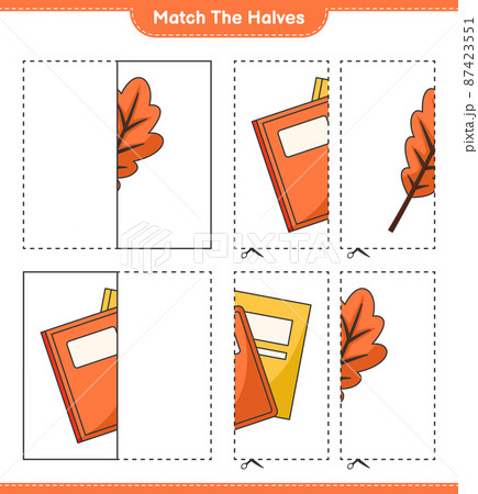 Match the halves. Match halves of Oak Leaf and Book. Educational children game, printable worksheet, vector illustration 87423551