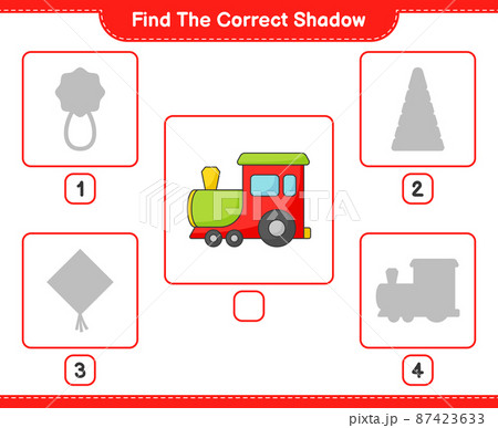 Find the correct shadow. Find and match the correct shadow of Train. Educational children game, printable worksheet, vector illustration 87423633