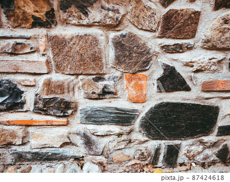 Wall structure of old building with stones, mortar and concrete 87424618
